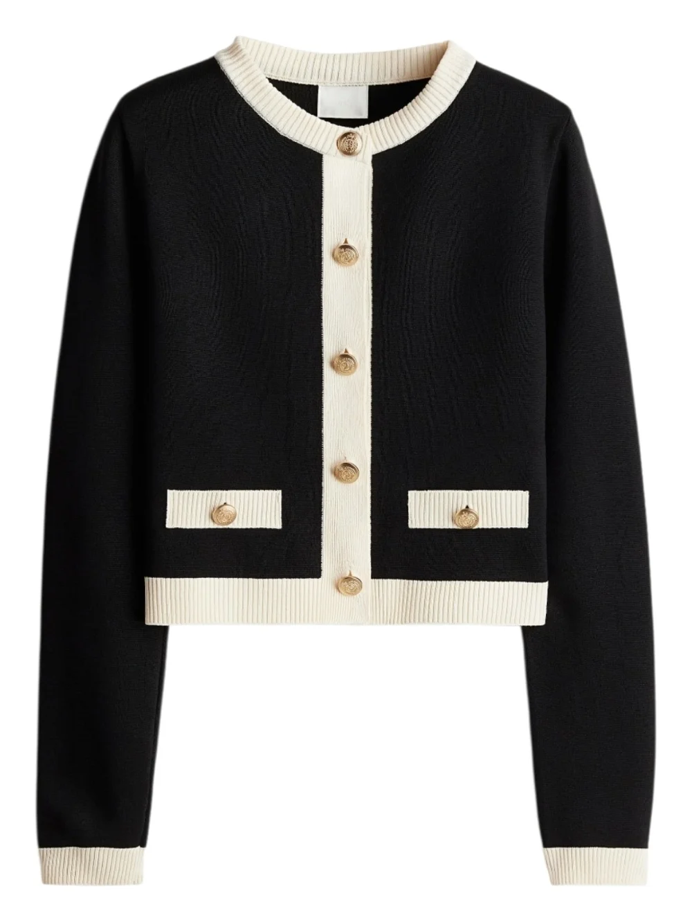 H&M Black and Cream Fine Knit Long Sleeve Crop Sweater With Gold Buttons New L - Picture 2 of 10